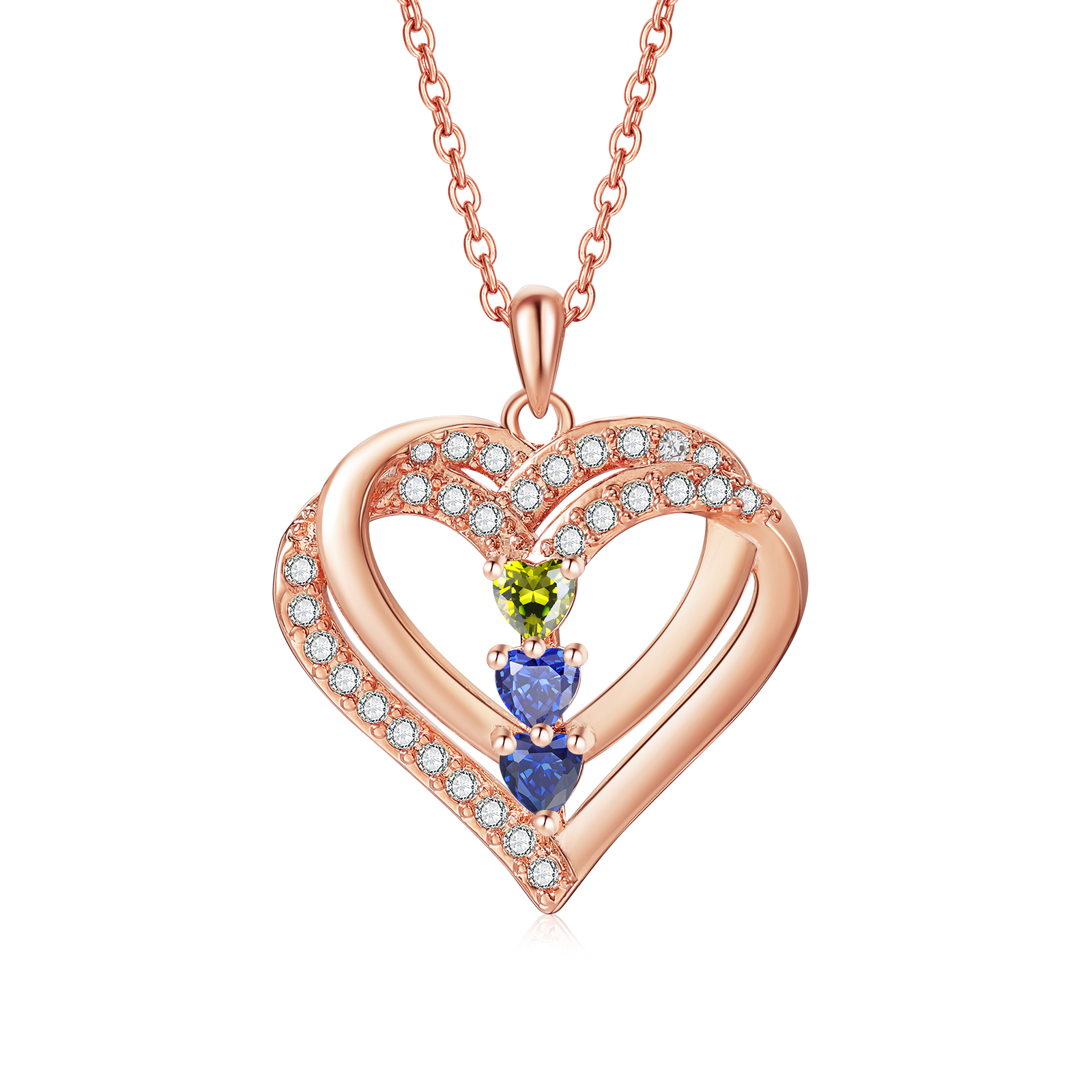Collier Coeur Personnalisés 3 Prénoms et 3 Pierres de Naissance Cuivre/Argent 925 Collier Personnalisable pour Femme｜Jessemade