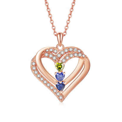 Collier Coeur Personnalisés 3 Prénoms et 3 Pierres de Naissance Cuivre/Argent 925 Collier Personnalisable pour Femme｜Jessemade