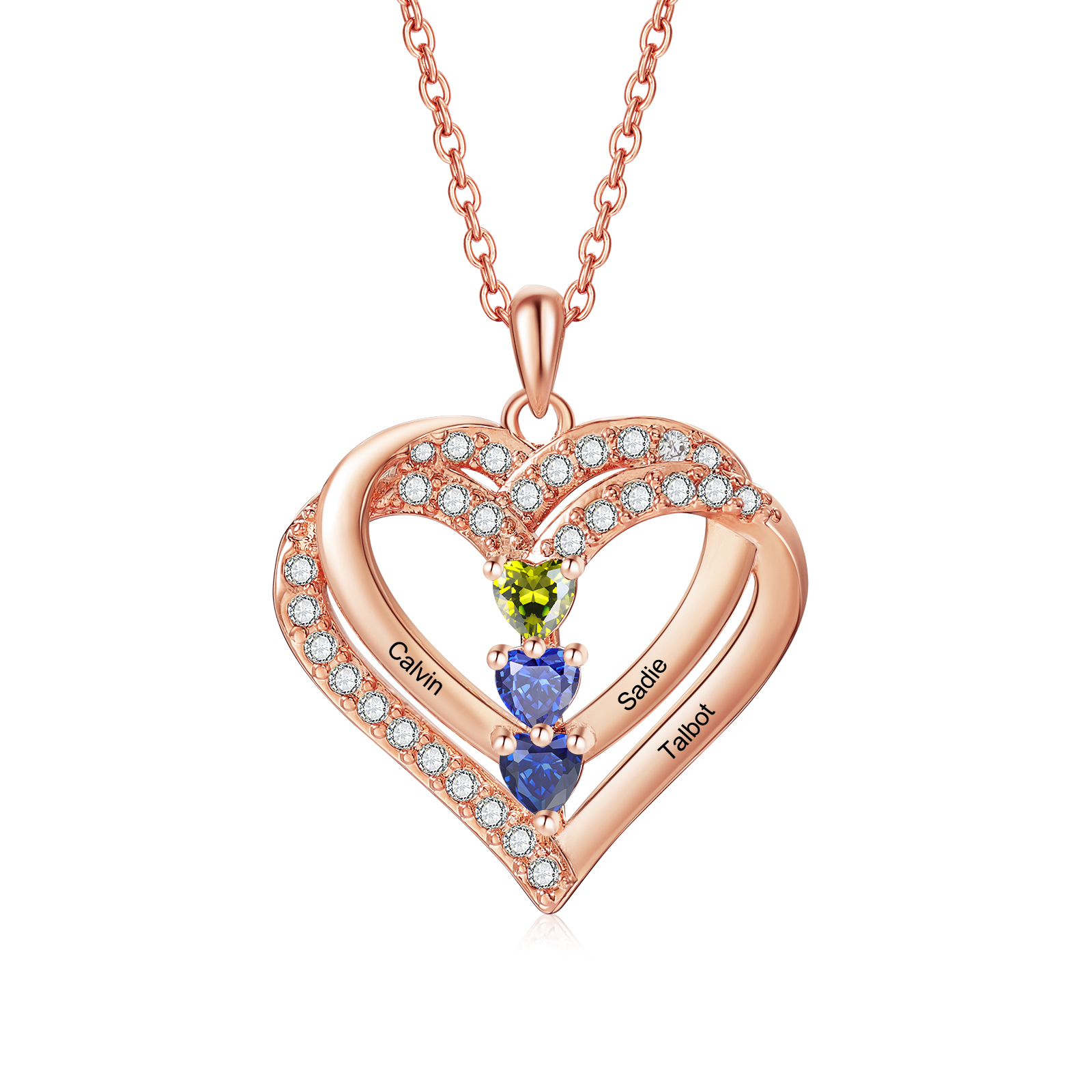 Collier cœur personnalisé avec 3 prénoms et pierres de naissance – Argent ou plaqué or | JesseMade