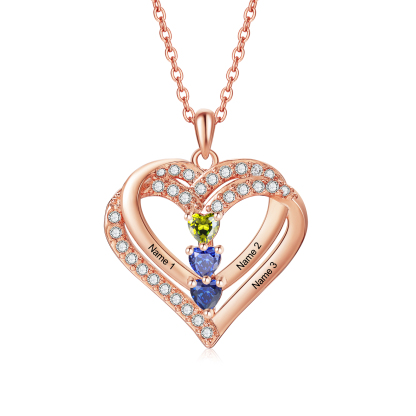 Collier Coeur Personnalisés 3 Prénoms et 3 Pierres de Naissance Cuivre/Argent 925 Collier Personnalisable pour Femme｜Jessemade