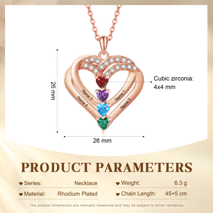 Collier Coeur Personnalisés 4 Prénoms et 4 Pierres de Naissance Cuivre/Argent 925 Collier Personnalisable pour Femme｜Jessemade