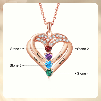 Collier Coeur Personnalisés 4 Prénoms et 4 Pierres de Naissance Cuivre/Argent 925 Collier Personnalisable pour Femme｜Jessemade