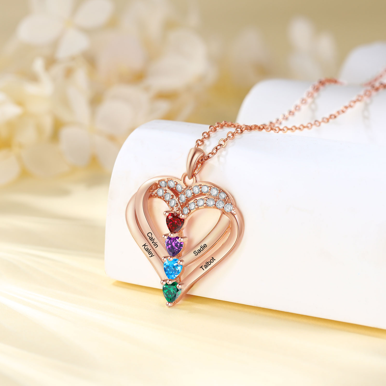 Collier Coeur Personnalisés 4 Prénoms et 4 Pierres de Naissance Cuivre/Argent 925 Collier Personnalisable pour Femme｜Jessemade