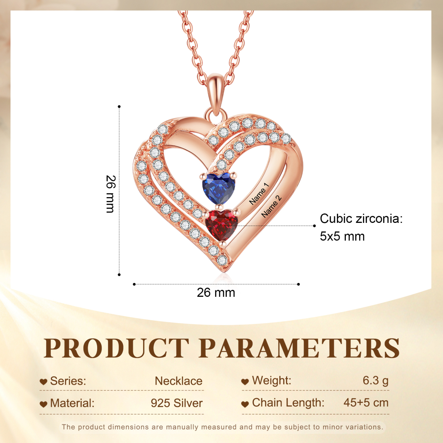 Collier Coeur Personnalisés 2 Prénoms et 2 Pierres de Naissance Cuivre/Argent 925 Collier Personnalisable pour Femme|Jessemade