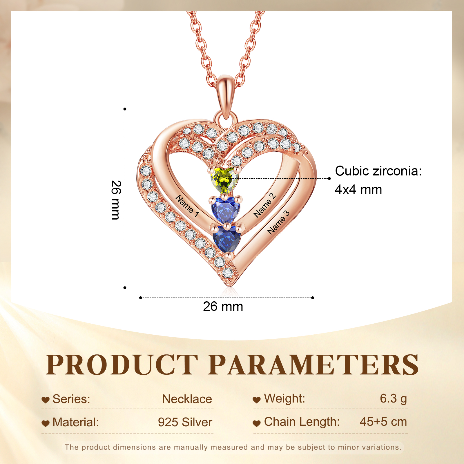 Collier Coeur Personnalisés 3 Prénoms et 3 Pierres de Naissance Cuivre/Argent 925 Collier Personnalisable pour Femme｜Jessemade
