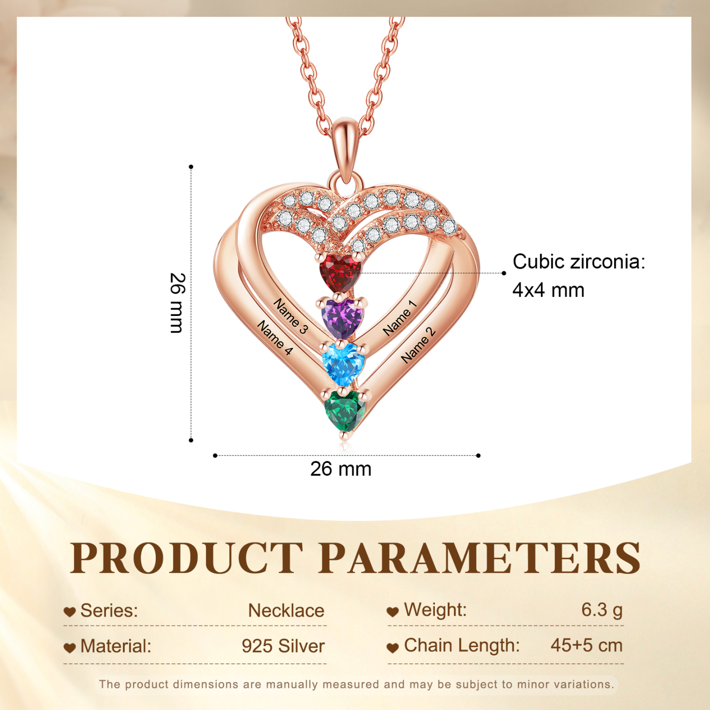 Collier Coeur Personnalisés 4 Prénoms et 4 Pierres de Naissance Cuivre/Argent 925 Collier Personnalisable pour Femme｜Jessemade