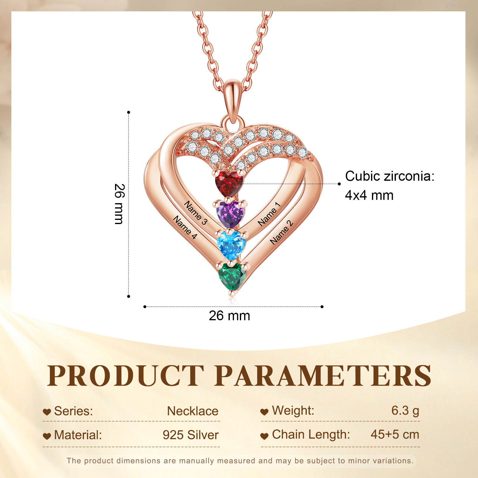 Collier Coeur Personnalisés 4 Prénoms et 4 Pierres de Naissance Cuivre/Argent 925 Collier Personnalisable pour Femme｜Jessemade