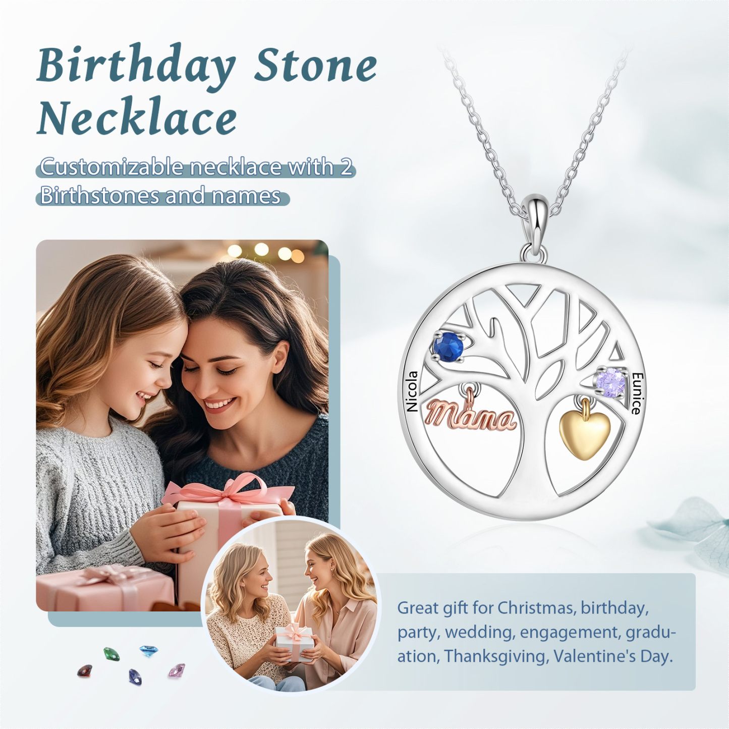 Collier Cœur Personnalisé avec 2 Prénoms et 2 Pierres de Naissance – Cadeau pour Maman ou Amie | Jessemade