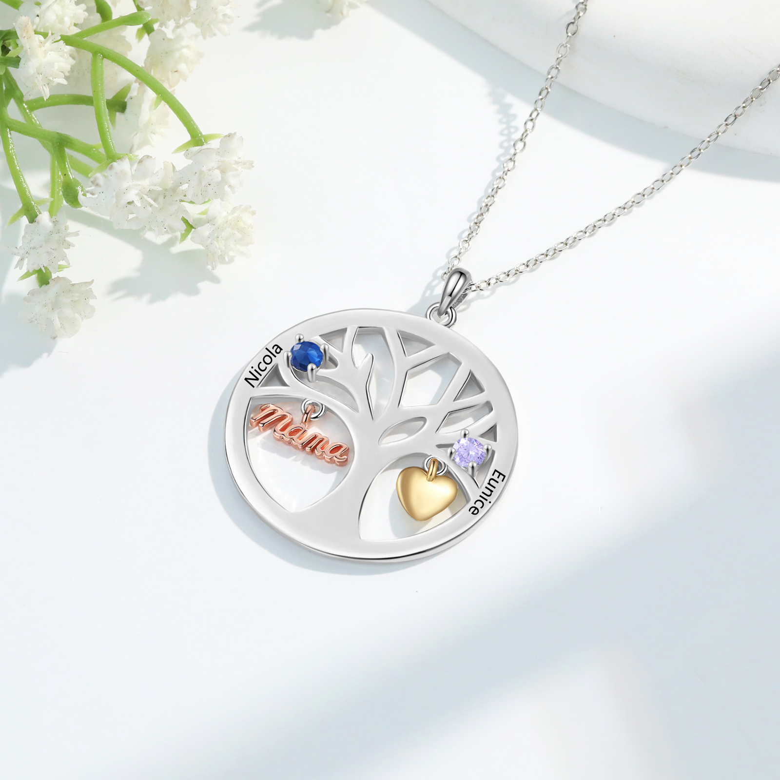 Collier Cœur Personnalisé avec 2 Prénoms et 2 Pierres de Naissance – Cadeau pour Maman ou Amie | Jessemade