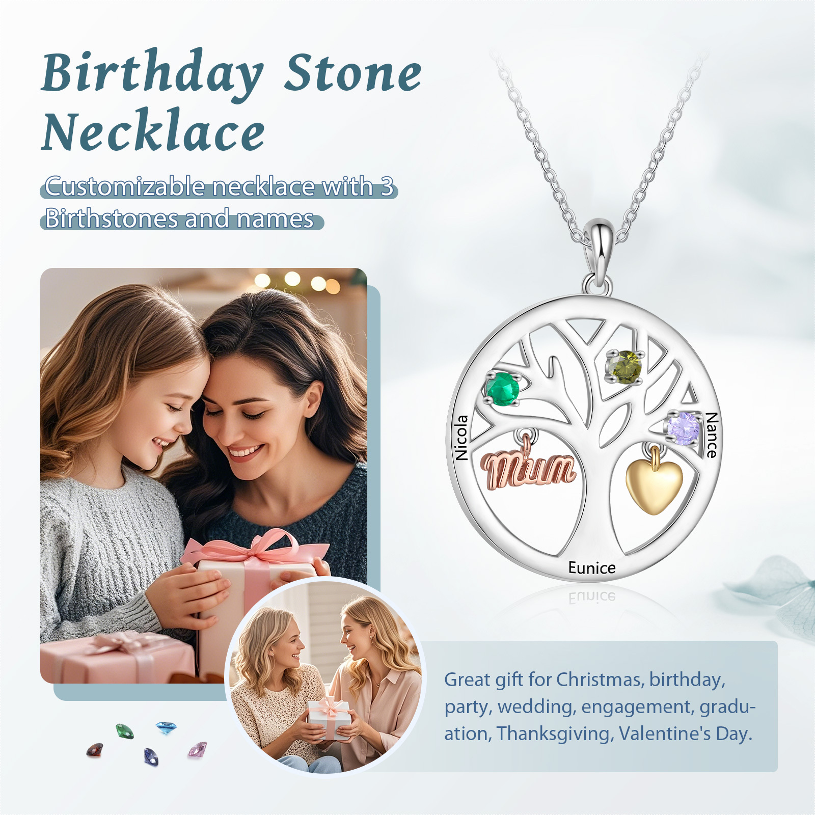 Collier Cœur Personnalisé avec 3 Prénoms et 3 Pierres de Naissance – Cadeau pour dire merci à Maman ou Amie | Jessemade