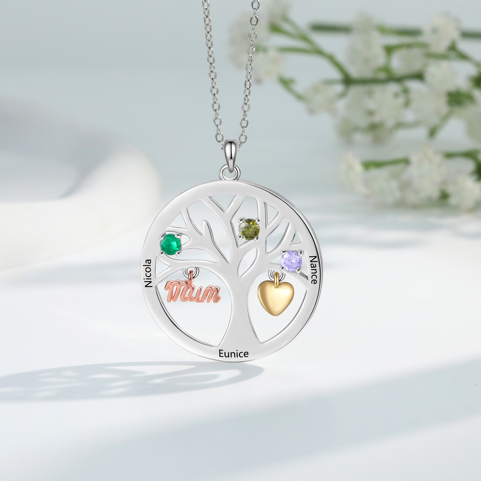 Collier Cœur Personnalisé avec 3 Prénoms et 3 Pierres de Naissance – Cadeau pour dire merci à Maman ou Amie | Jessemade