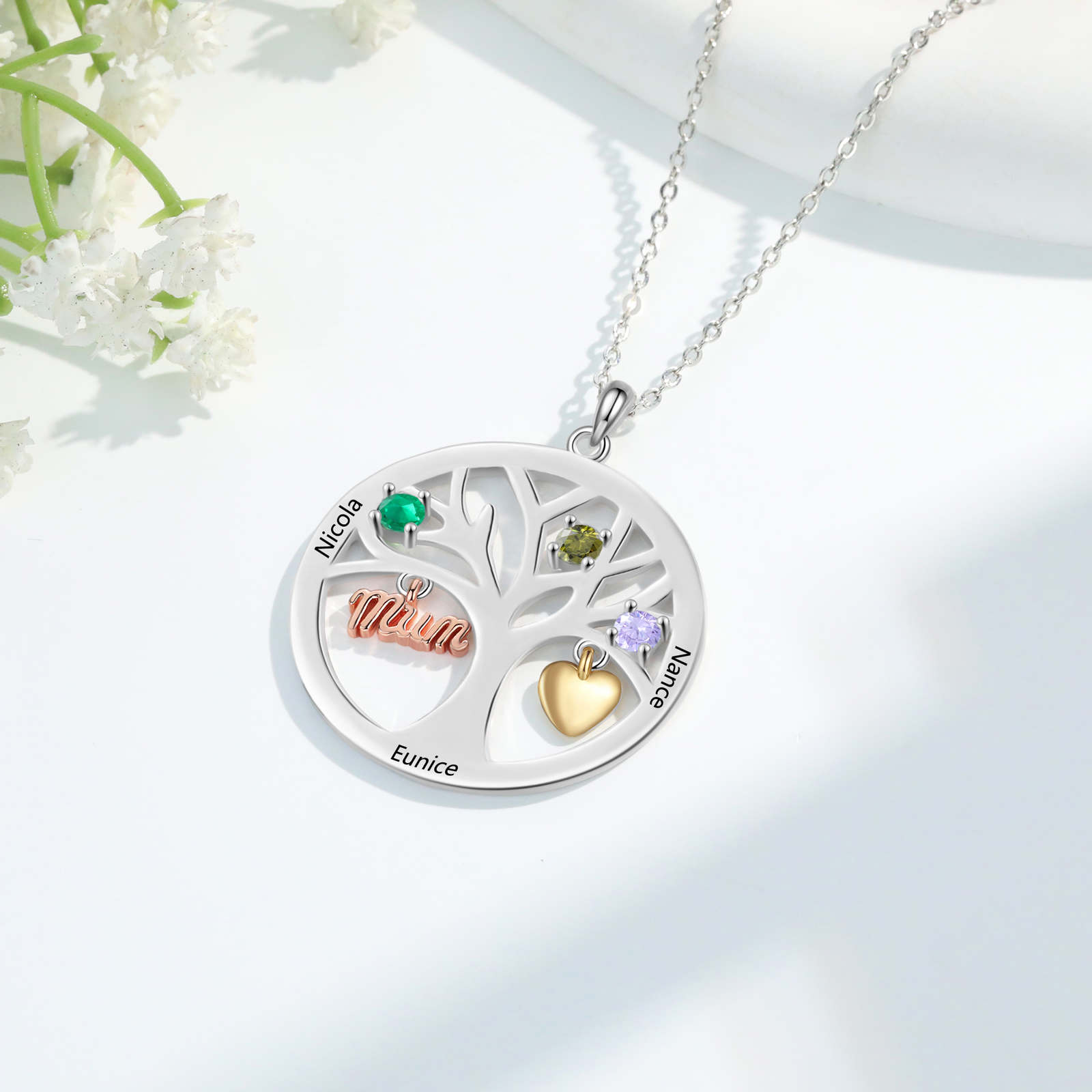 Collier Cœur Personnalisé avec 3 Prénoms et 3 Pierres de Naissance – Cadeau pour dire merci à Maman ou Amie | Jessemade