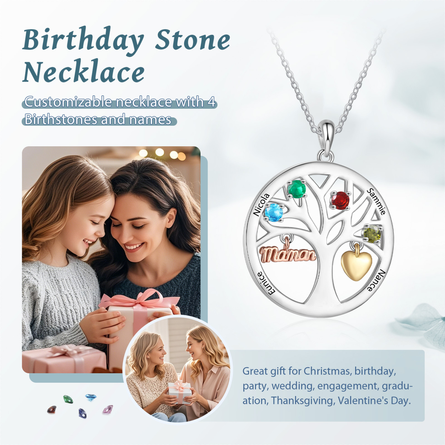 Collier Cœur Personnalisé avec 4 Prénoms et 4 Pierres de Naissance – Cadeau pour dire merci à Maman ou Amie | Jessemade