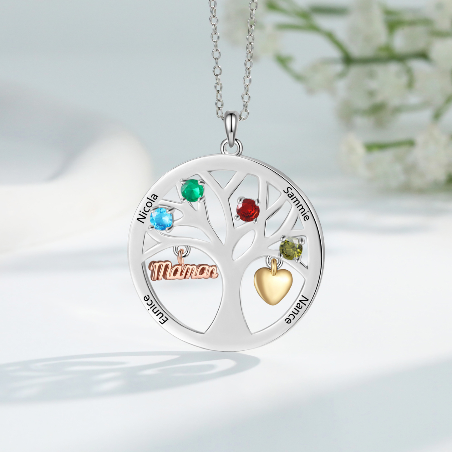 Collier Cœur Personnalisé avec 4 Prénoms et 4 Pierres de Naissance – Cadeau pour dire merci à Maman ou Amie | Jessemade