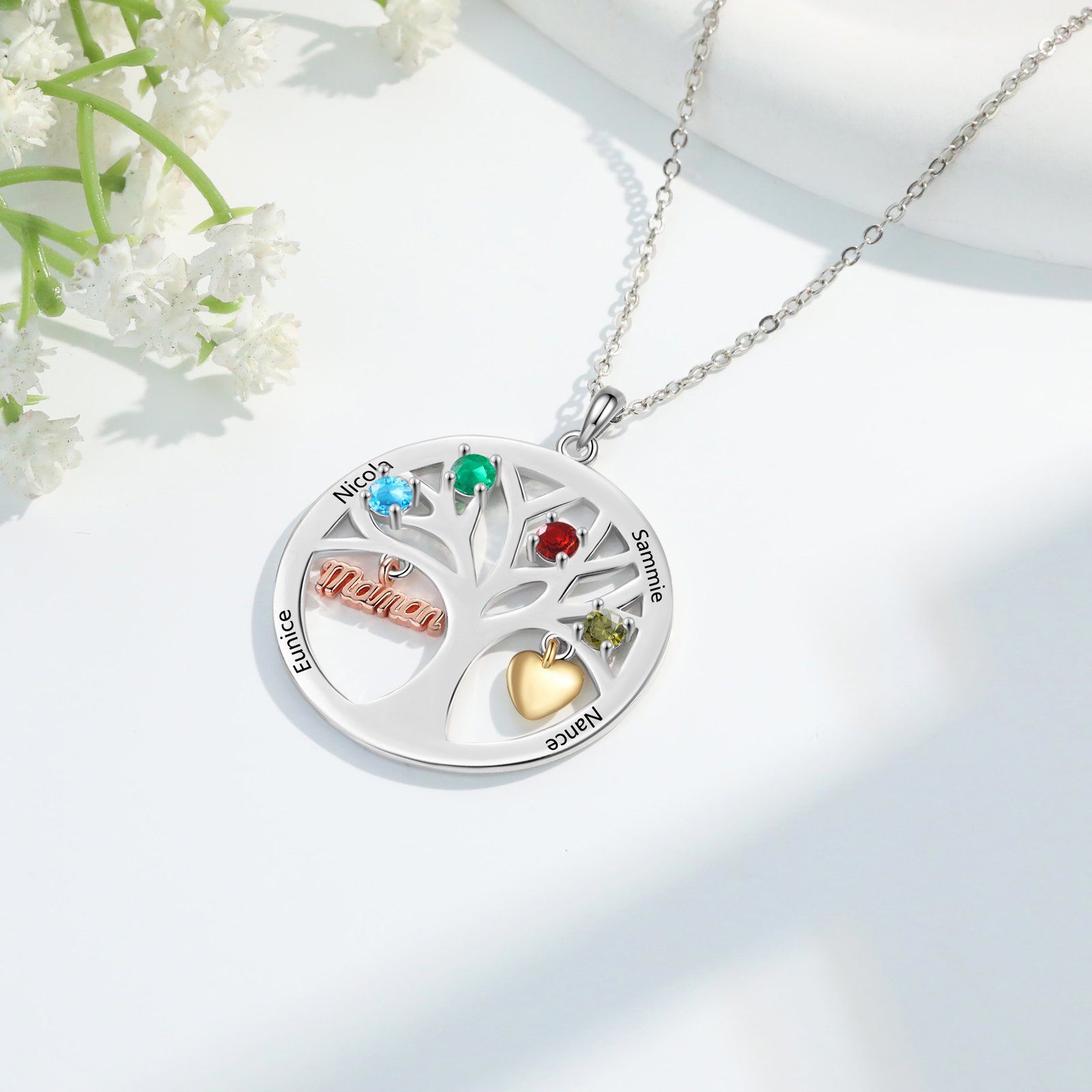 Collier Cœur Personnalisé avec 4 Prénoms et 4 Pierres de Naissance – Cadeau pour dire merci à Maman ou Amie | Jessemade