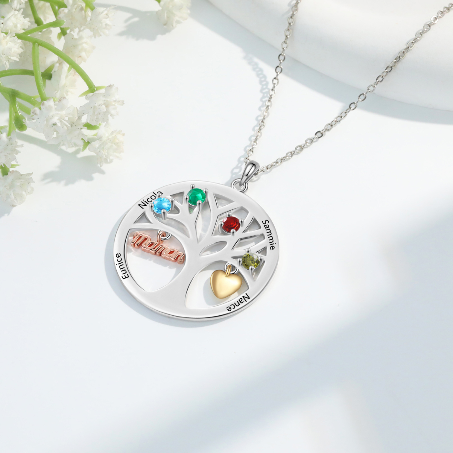 Collier Cœur Personnalisé avec 4 Prénoms et 4 Pierres de Naissance – Cadeau pour dire merci à Maman ou Amie | Jessemade
