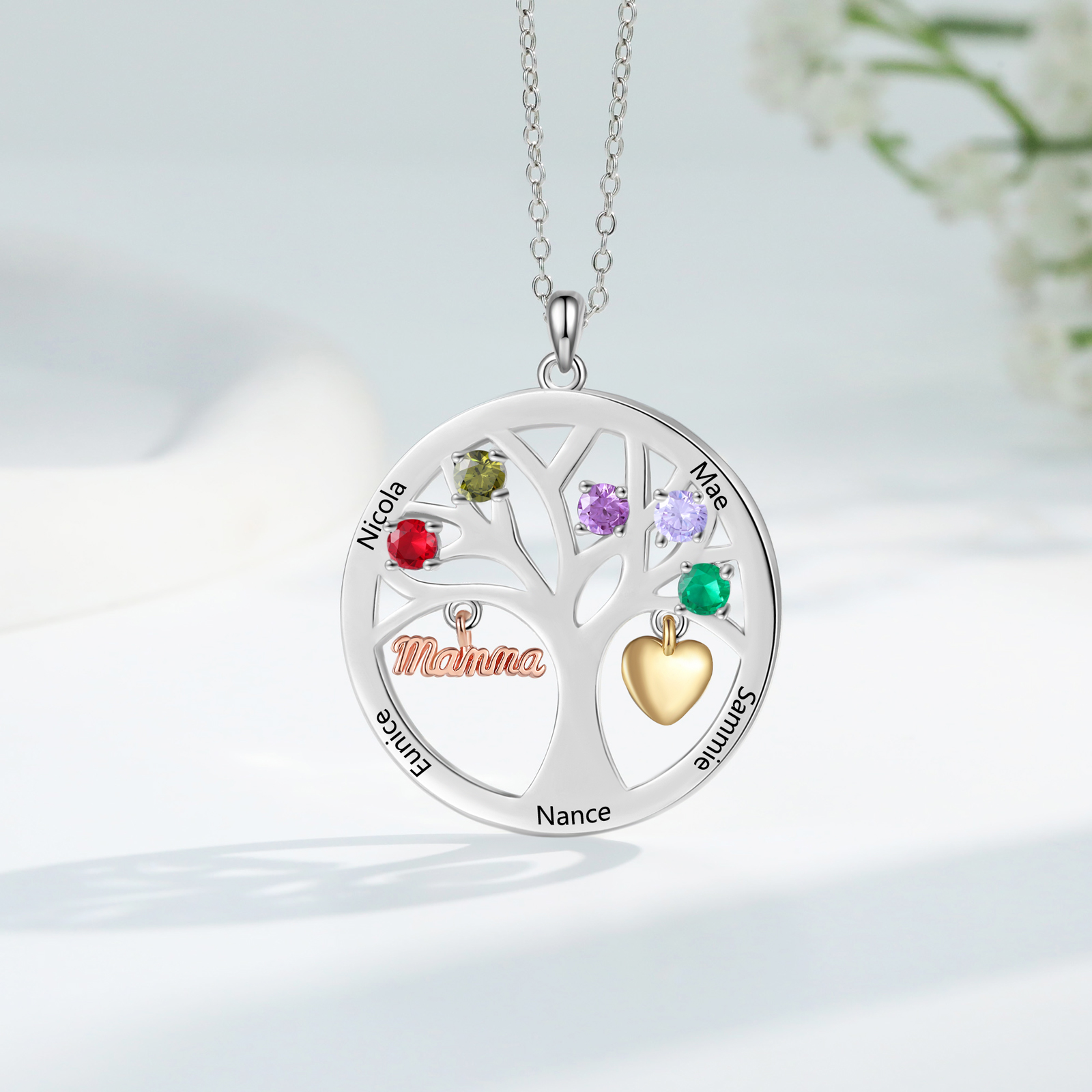 Collier Cœur Personnalisé avec 5 Prénoms et 5 Pierres de Naissance – Cadeau pour dire merci à Maman ou Amie | Jessemade