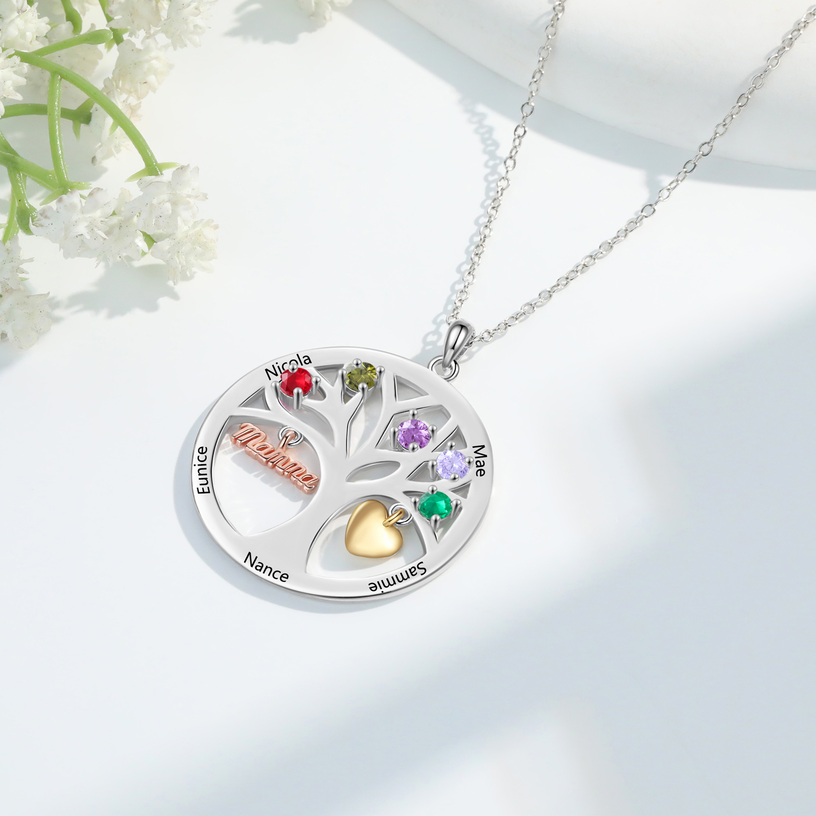 Collier Cœur Personnalisé avec 5 Prénoms et 5 Pierres de Naissance – Cadeau pour dire merci à Maman ou Amie | Jessemade