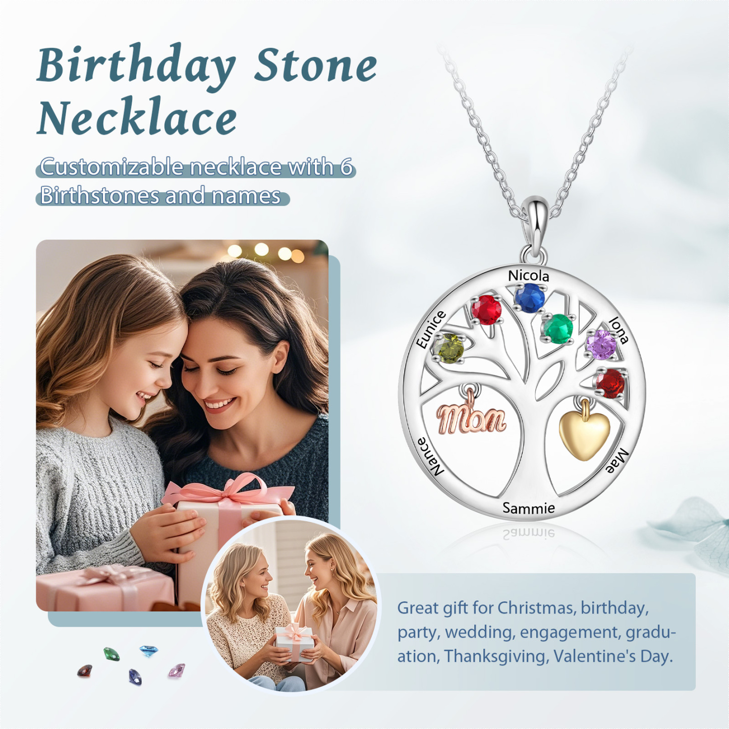 Collier Cœur Personnalisé avec 6 Prénoms et 6 Pierres de Naissance – Cadeau pour dire merci à Maman ou Amie | Jessemade