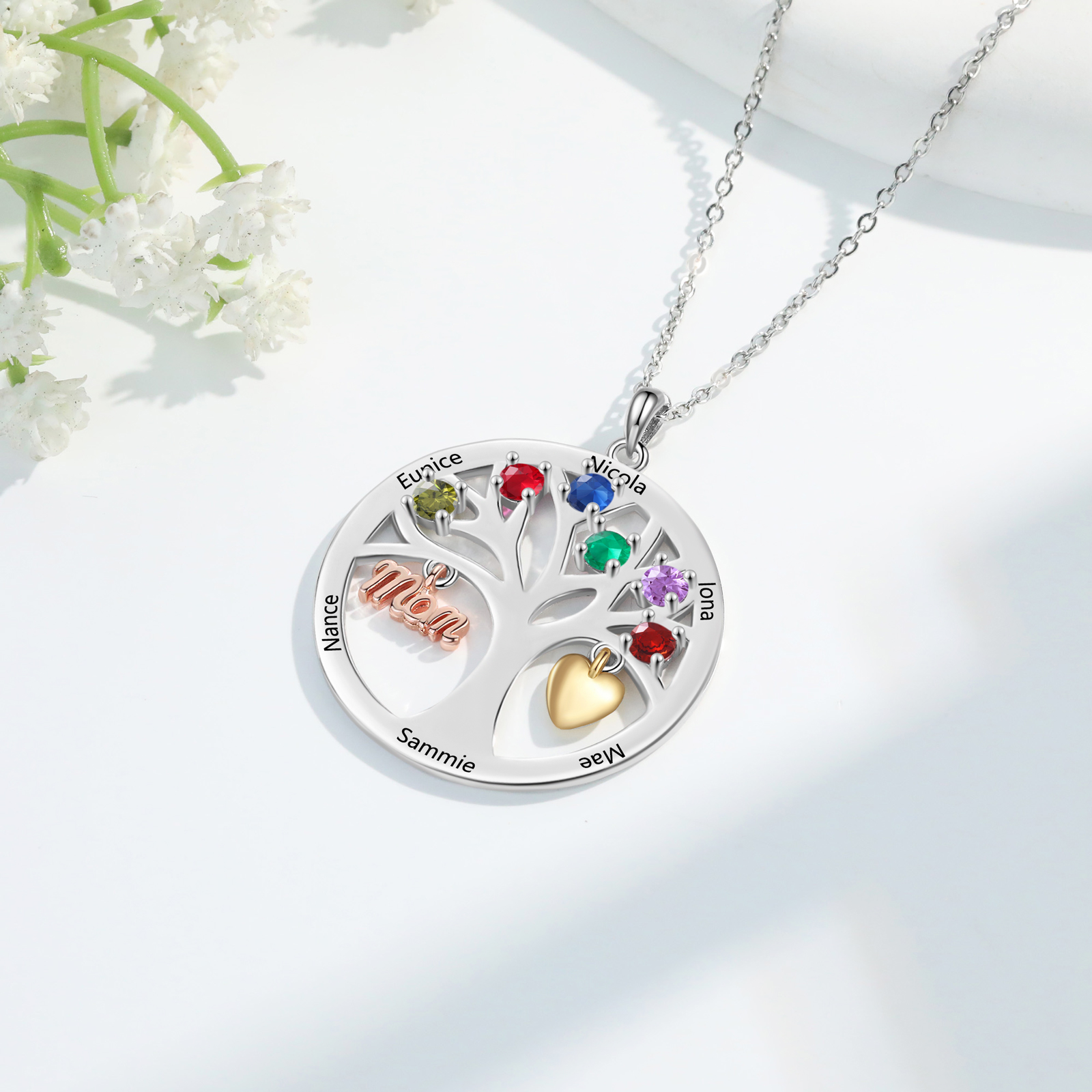 Collier Cœur Personnalisé avec 6 Prénoms et 6 Pierres de Naissance – Cadeau pour dire merci à Maman ou Amie | Jessemade