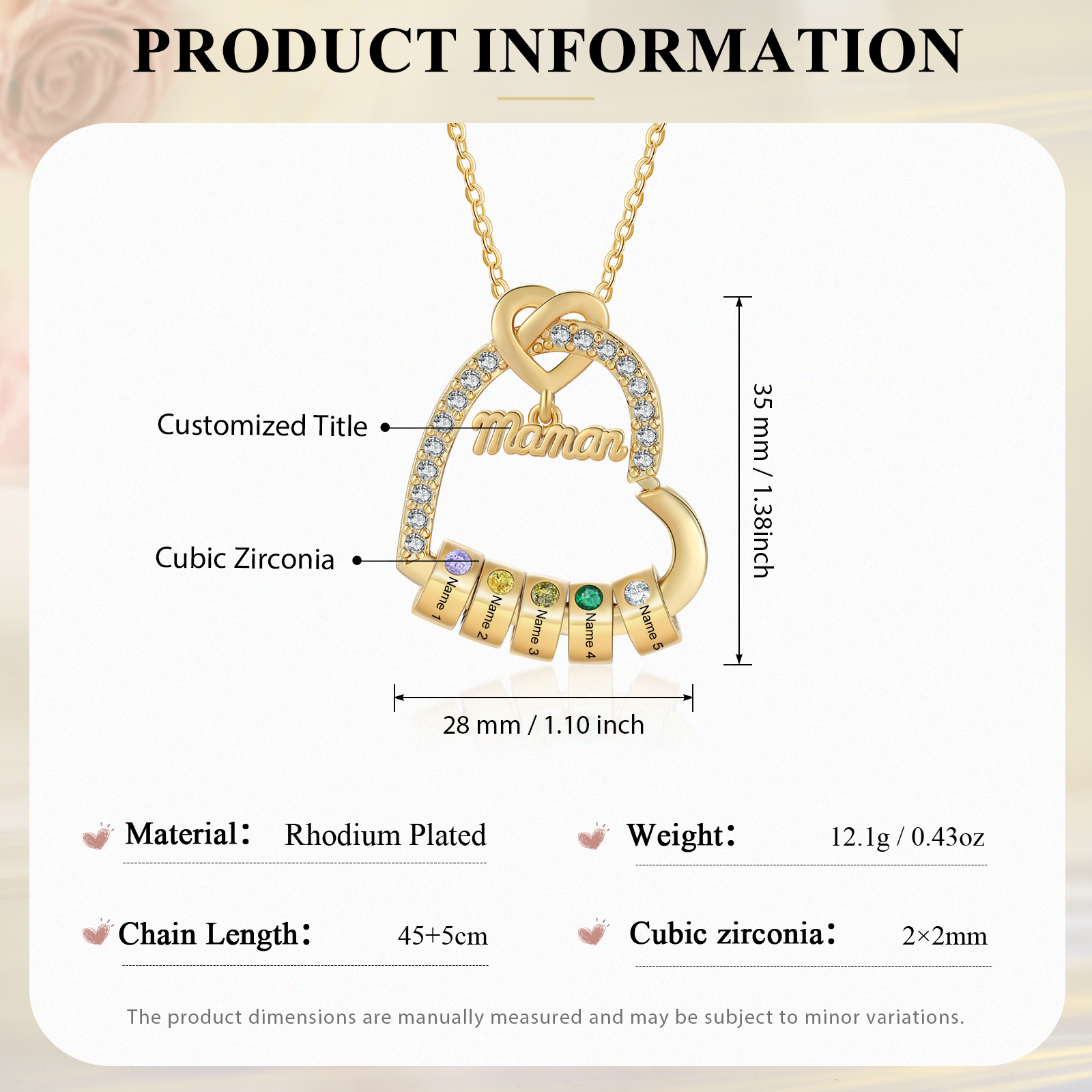 [Copy][Copy][Copy][Copy]Collier Cœur Personnalisé avec 5 Prénoms et 5 Pierres de Naissance – Cadeau pour Femme, Maman ou Amie | Jessemade