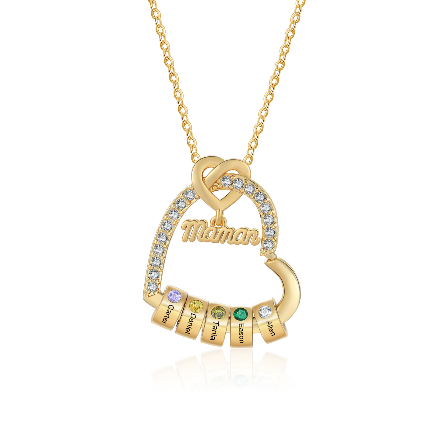 Collier Cœur Personnalisé avec 5 Prénoms et 5 Pierres de Naissance | Jessemade