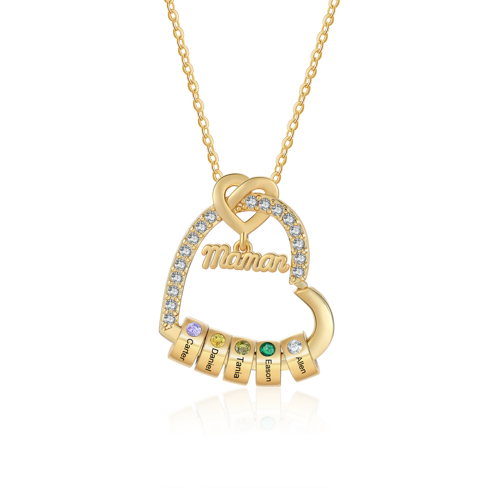 Collier Cœur Personnalisé avec 5 Prénoms et 5 Pierres de Naissance | Jessemade