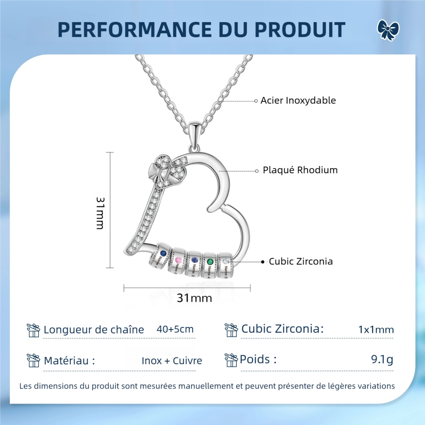 Collier Coeur Personnalisé 2-5 Prénoms et Pierres de Naissance Collier Femme｜Jessemade