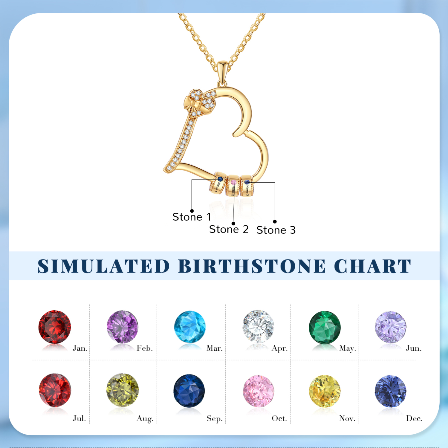 Collier Coeur Personnalisé 3 Prénoms et Pierres de Naissance Collier Femme|Jessemade
