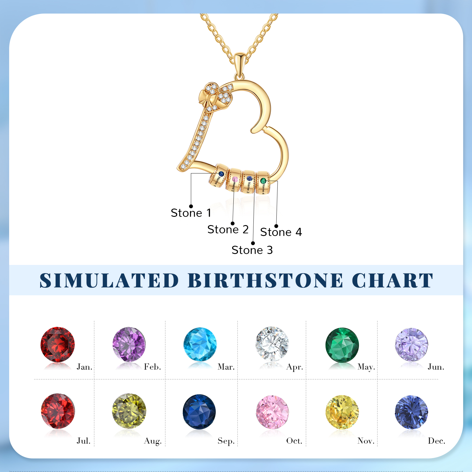 Collier Coeur Personnalisé 4 Prénoms et Pierres de Naissance Collier Femme｜Jessemade