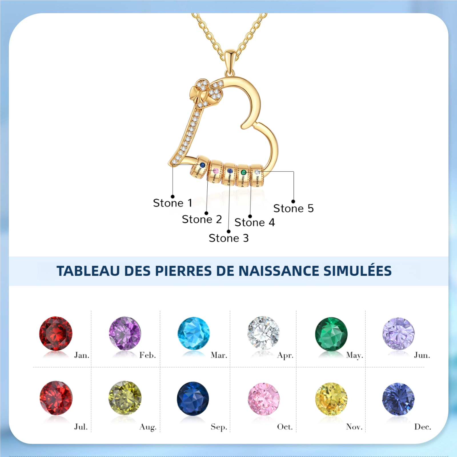 Collier Coeur Personnalisé 2-5 Prénoms et Pierres de Naissance Collier Femme｜Jessemade