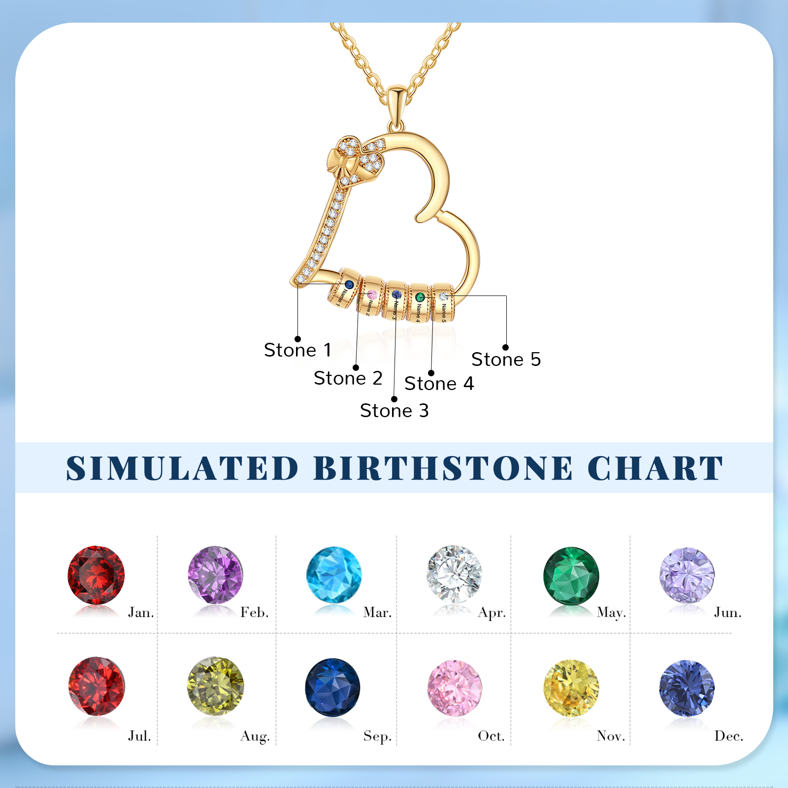 Collier Coeur Personnalisé 5 Prénoms et Pierres de Naissance Collier Femme｜Jessemade