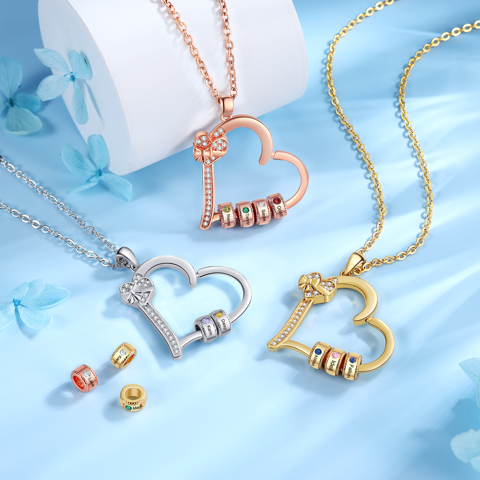 Collier Coeur Personnalisé 2 Prénoms et Pierres de Naissance Collier Femme｜Jessemade
