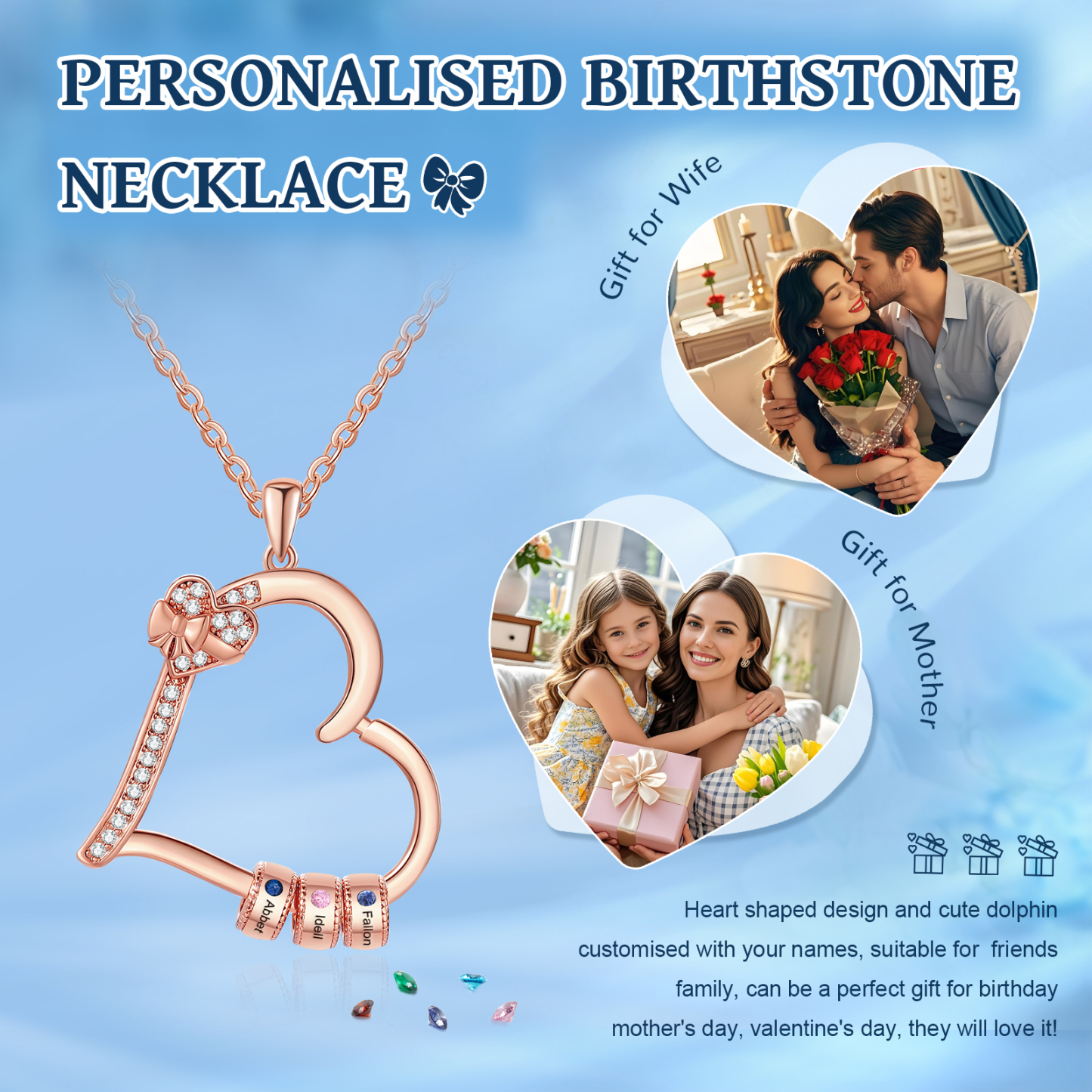 Collier Coeur Personnalisé 3 Prénoms et Pierres de Naissance Collier Femme|Jessemade