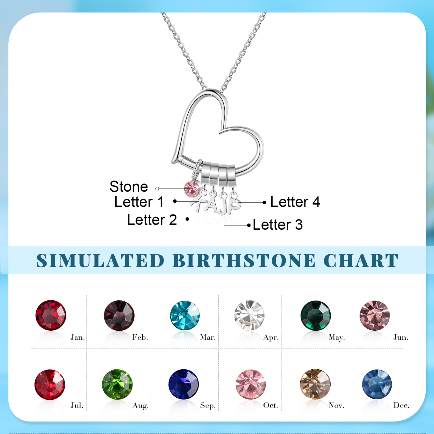 Collier Cœur Personnalisé avec 4 Lettres et Pierre de Naissance – Cadeau pour Femme, Maman ou Amie | Jessemade