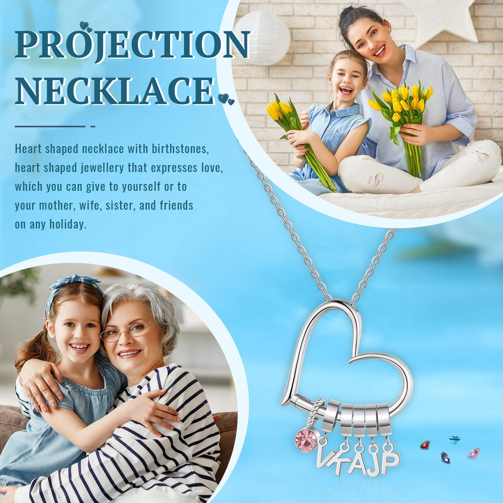 Collier Cœur Personnalisé avec 5 Lettres et Pierre de Naissance – Cadeau pour Femme, Maman ou Amie | Jessemade