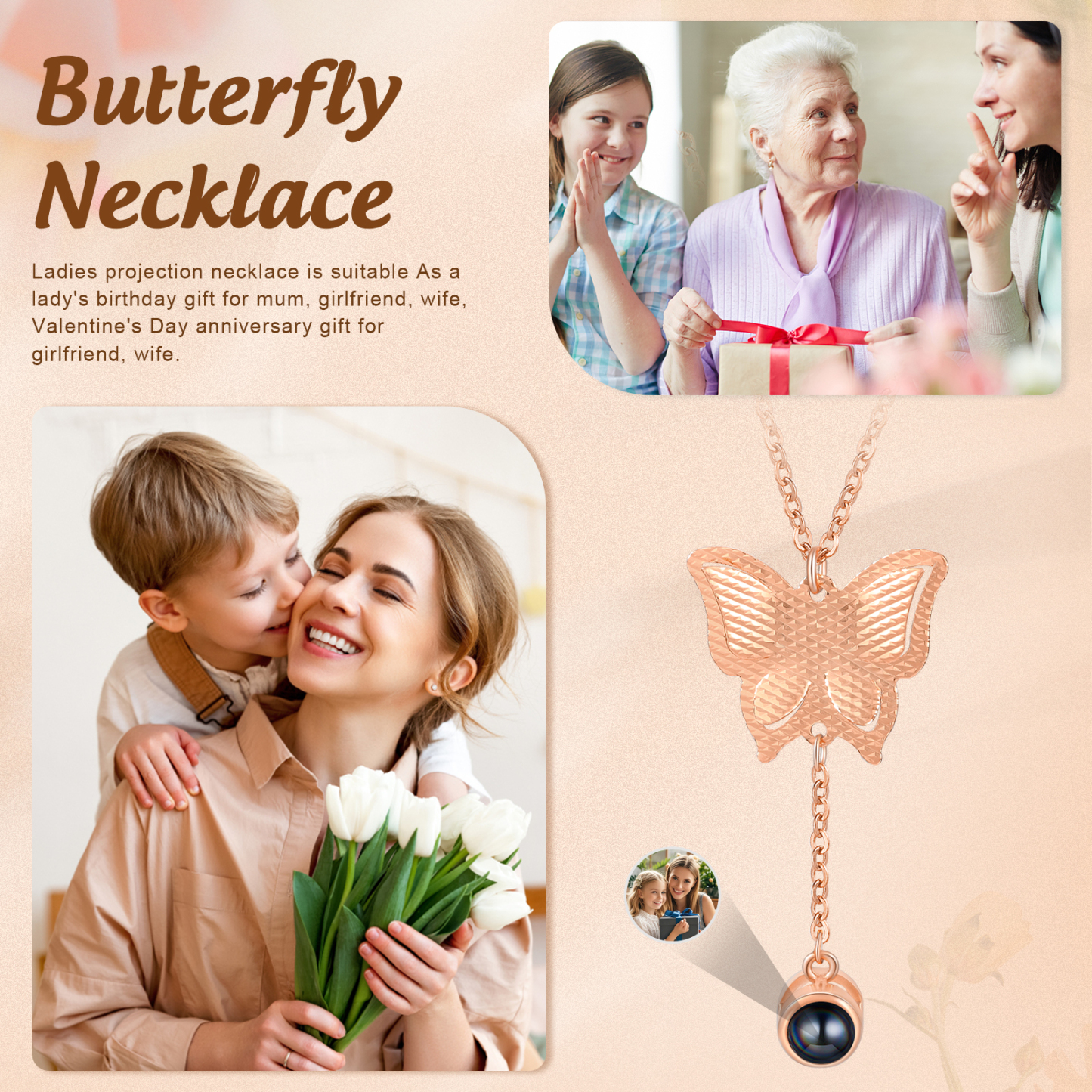 Collier Papillon Personnalisé Photo Projection Collier Personnalisé 3 couleurs pour Femme | Jessemade