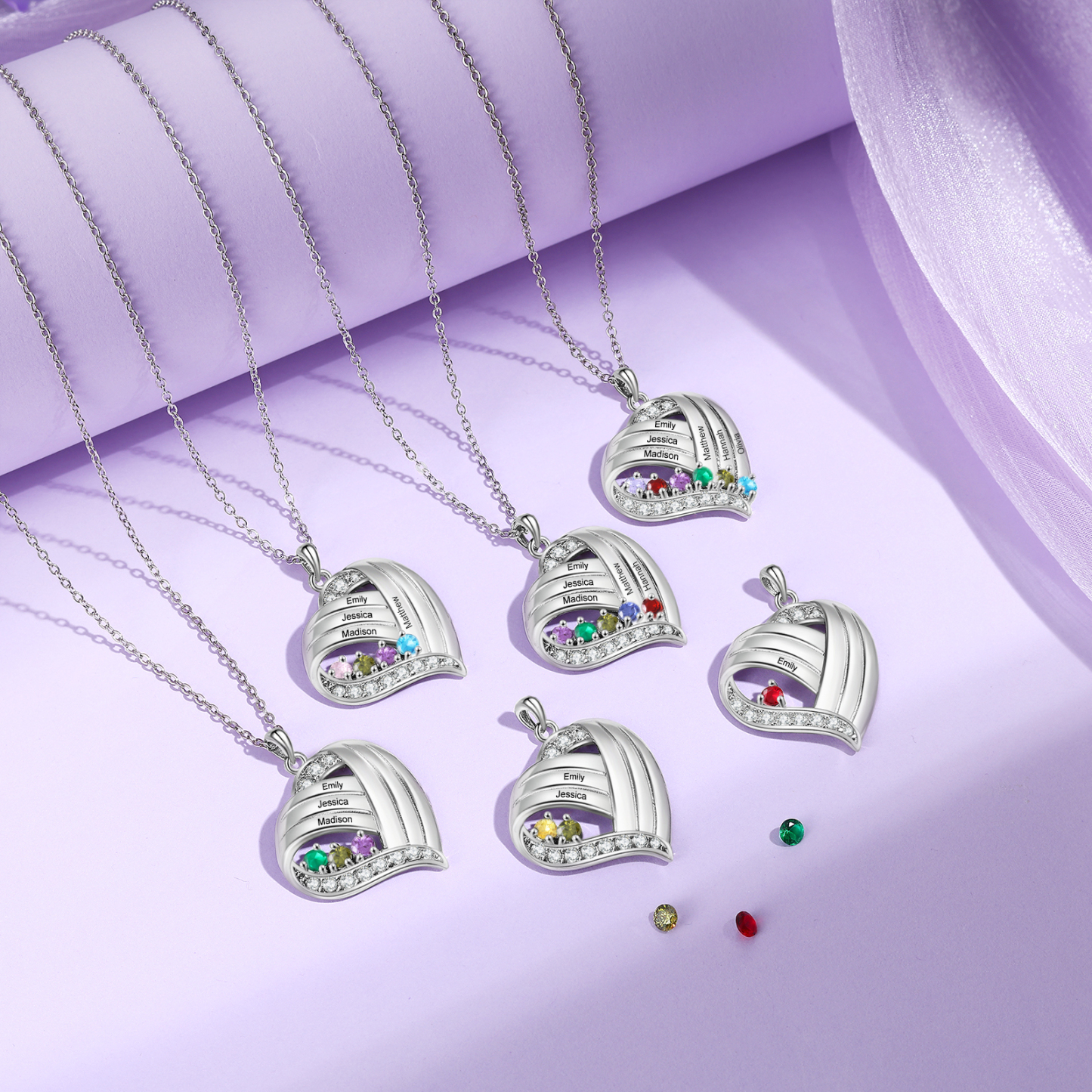 Collier cœur personnalisé avec 3 prénoms et 3 pierres de naissance – Cadeau pour maman ou grand-mère | Jessemade