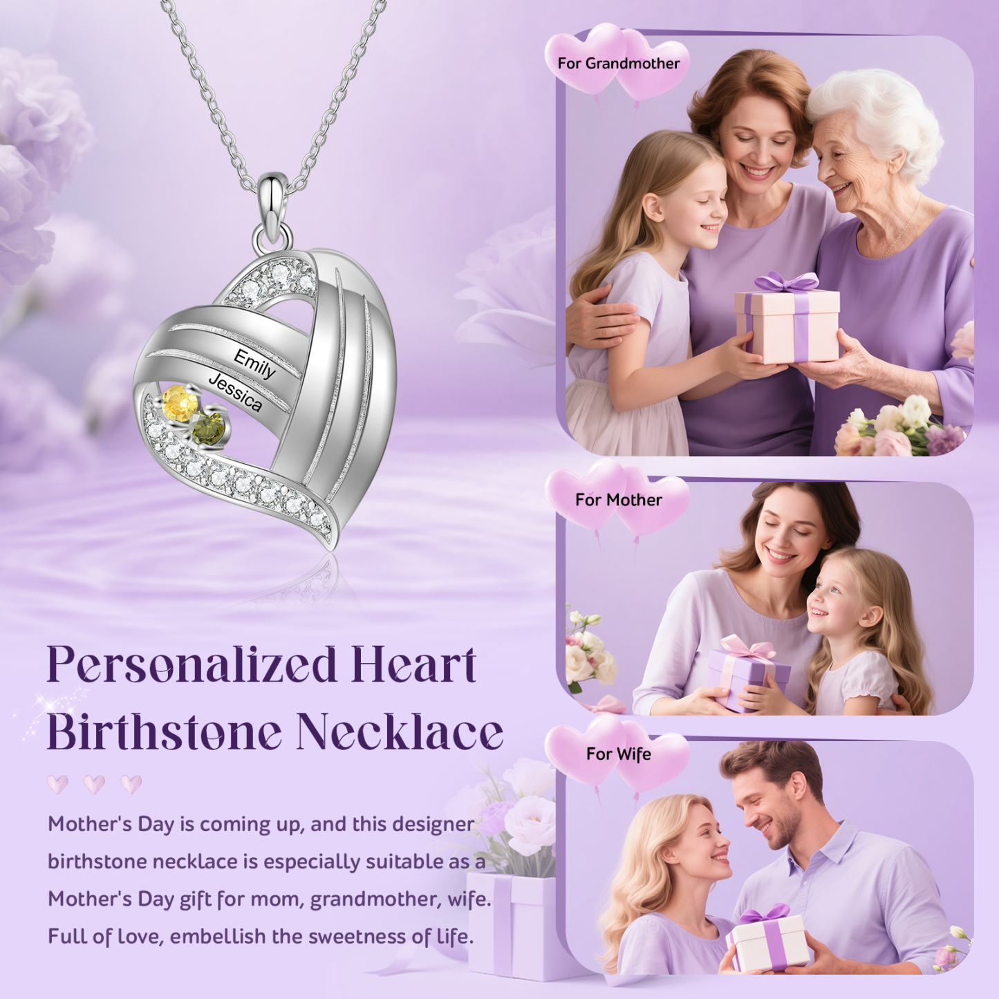Collier cœur personnalisé avec 1 à 6 prénoms et pierres de naissance – Cadeau pour maman ou grand-mère | Jessemade