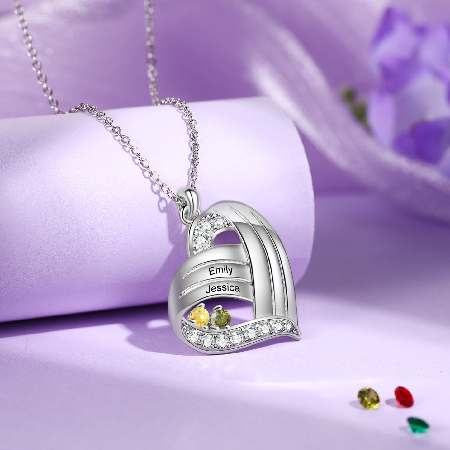 Collier cœur personnalisé avec 1 à 6 prénoms et pierres de naissance – Cadeau pour maman ou grand-mère | Jessemade