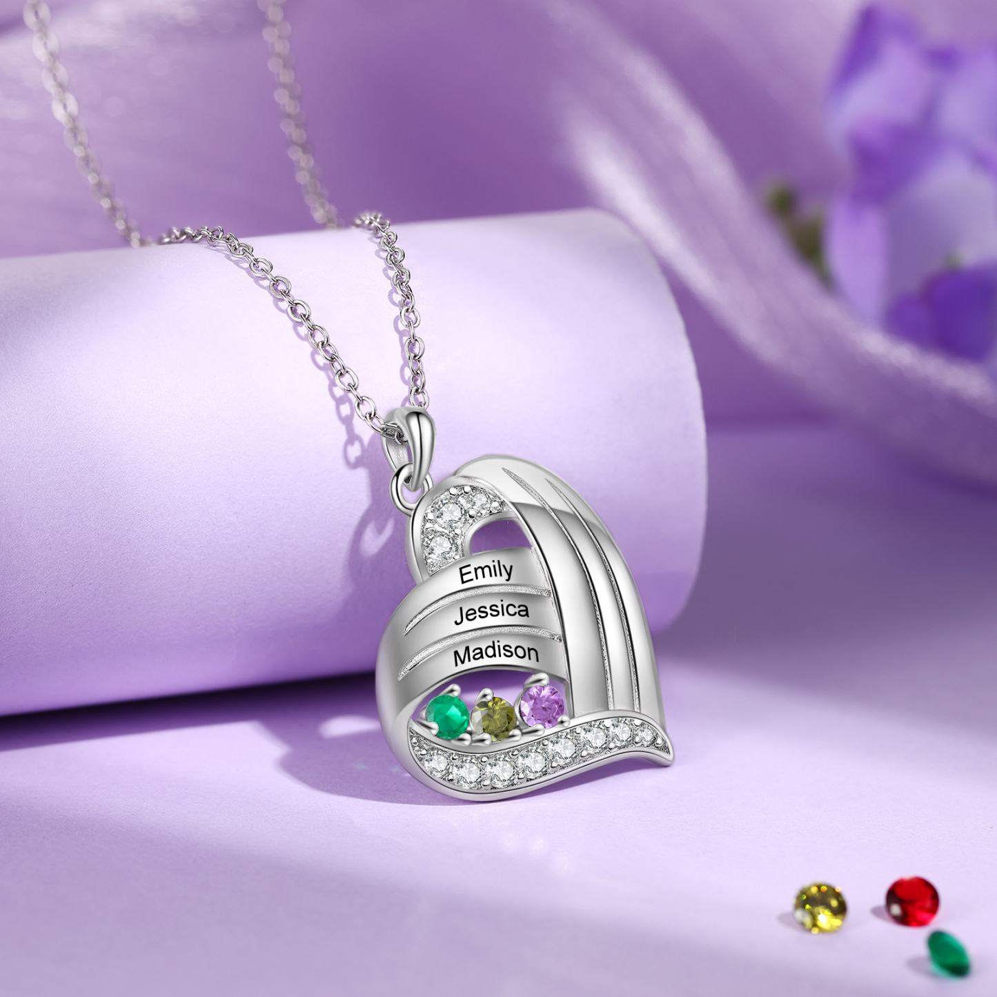Collier cœur personnalisé avec 3 prénoms et 3 pierres de naissance – Cadeau pour maman ou grand-mère | Jessemade