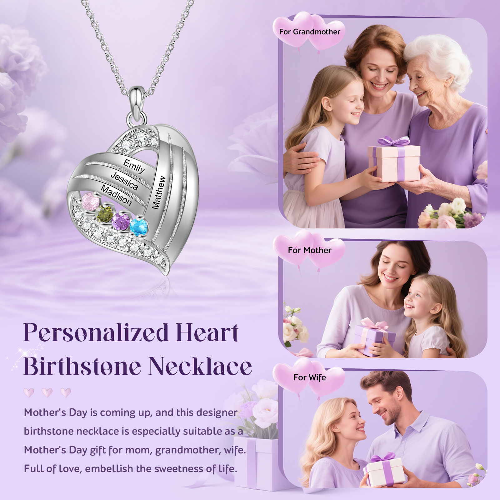 [Copy]Collier cœur personnalisé avec 4 prénoms et 4 pierres de naissance – Cadeau pour maman ou grand-mère | Jessemade