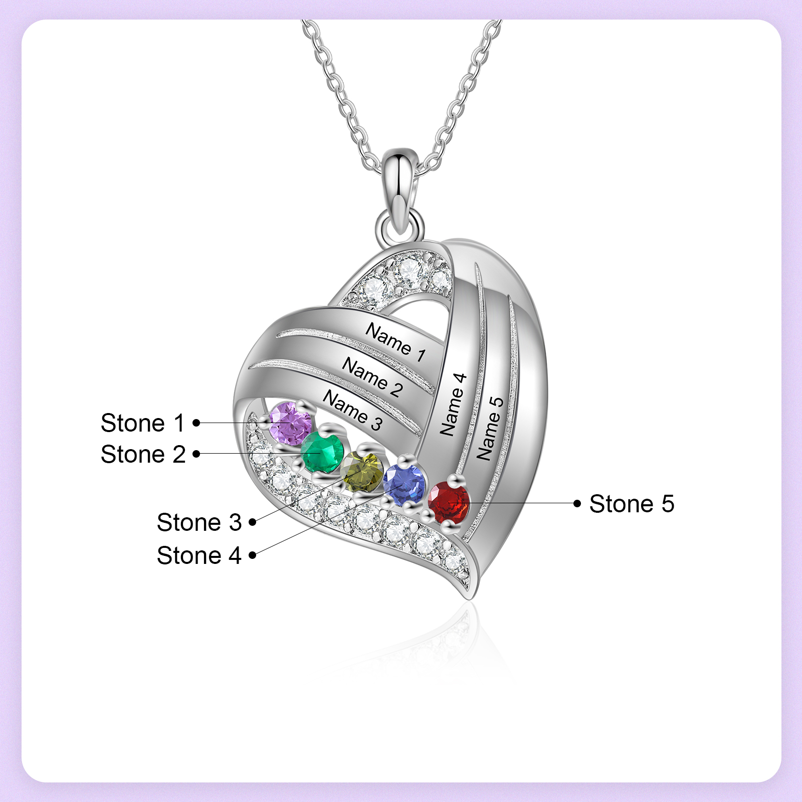 Collier cœur personnalisé avec 5 prénoms et 5 pierres de naissance – Cadeau pour maman ou grand-mère | Jessemade