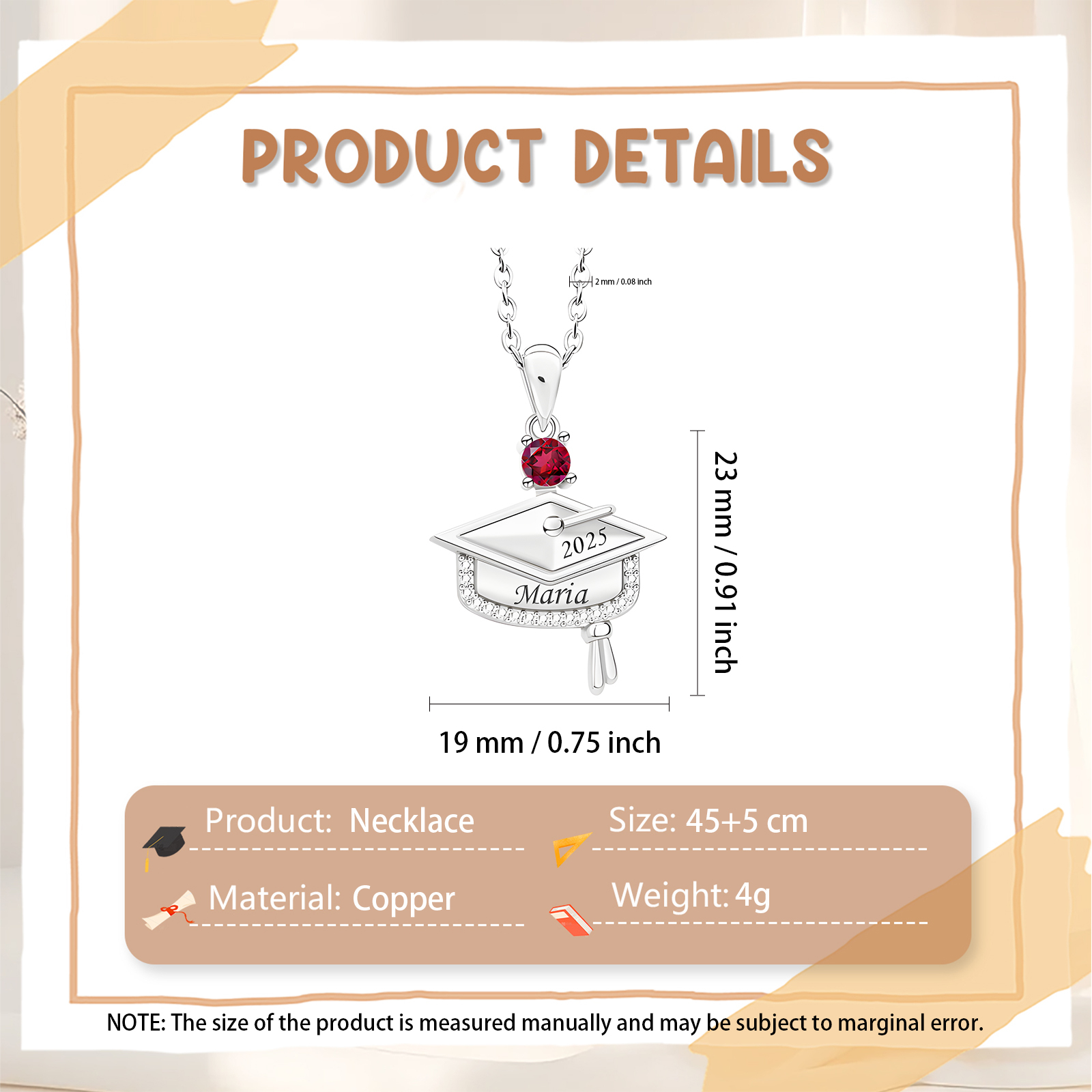 Collier Personnalisé Chapeau de Diplômé avec Nom, Année et Pierre de Naissance | Jessemade