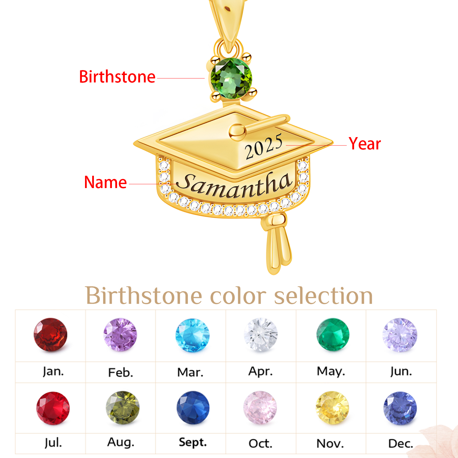 Collier Personnalisé Chapeau de Diplômé avec Nom, Année et Pierre de Naissance | Jessemade