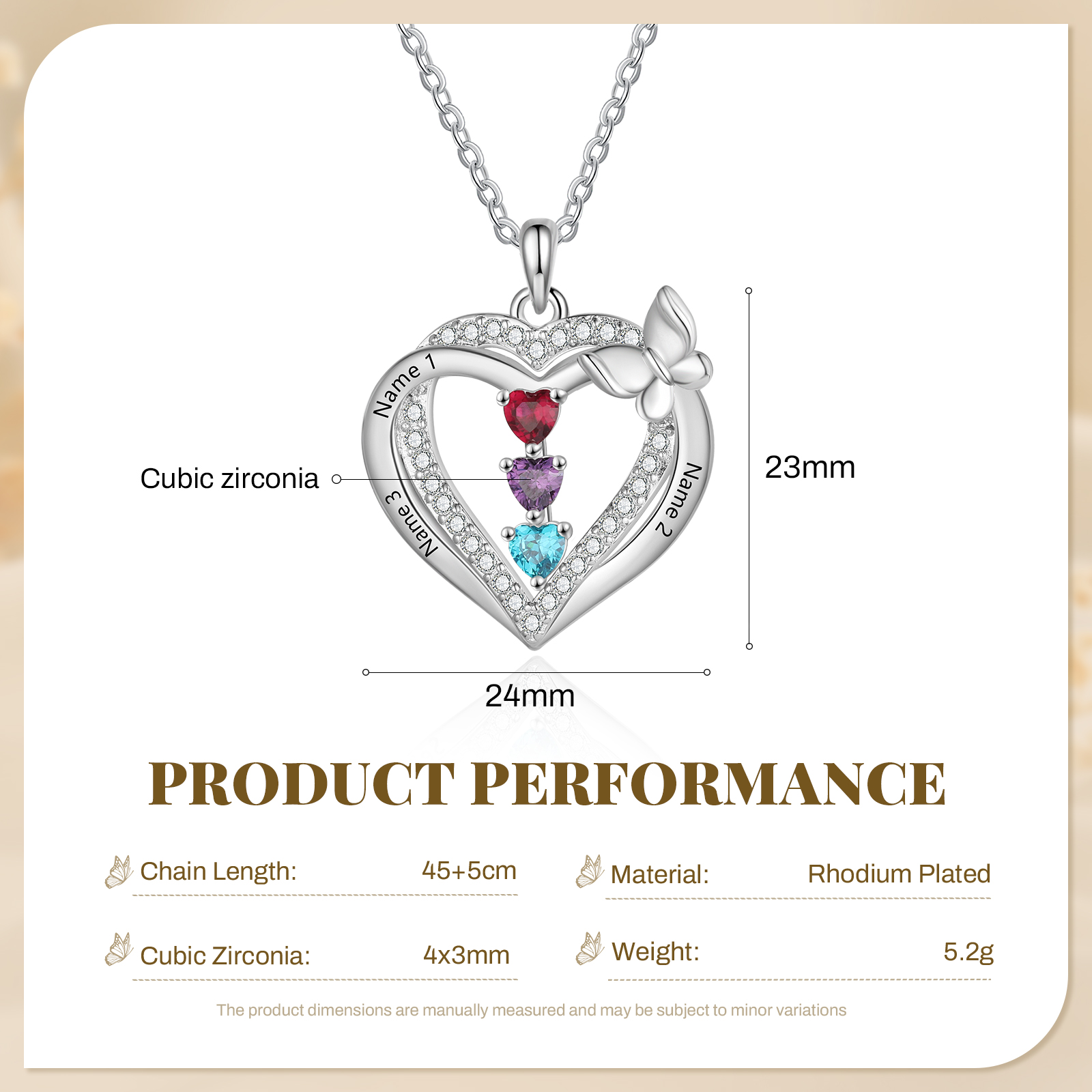 Collier Cœur Papillon Personnalisé avec Pierre de Naissance, 1 à 3 Prénoms