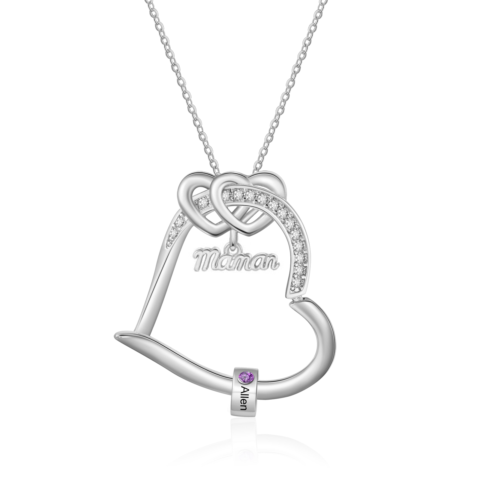 Collier Maman Double Cœur Personnalisé avec 1 à 5 Prénoms et Pierres de naissance