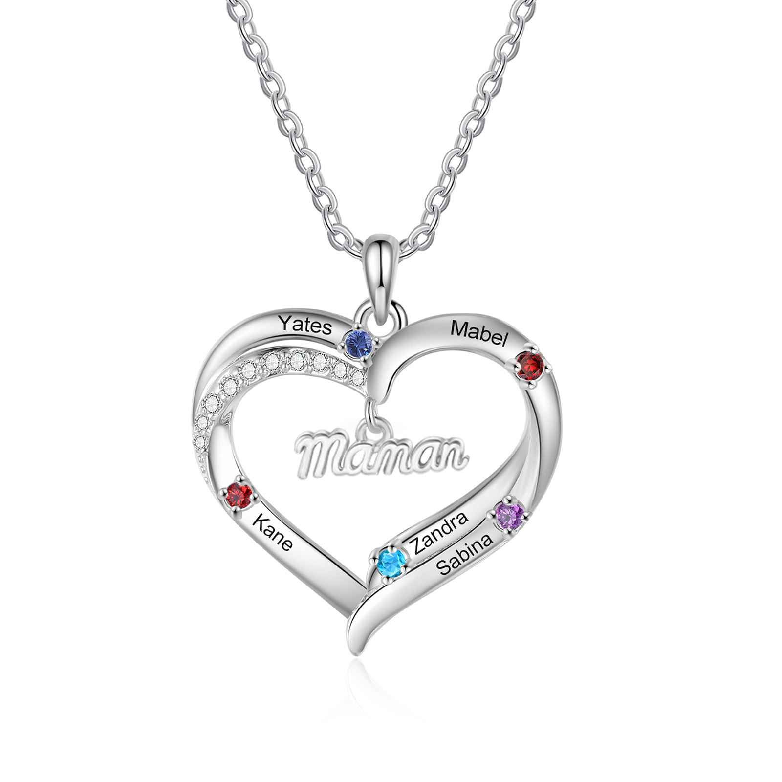 Collier Cœur Personnalisé pour Maman avec Pierres de Naissance et 2 à 5 Prénoms
