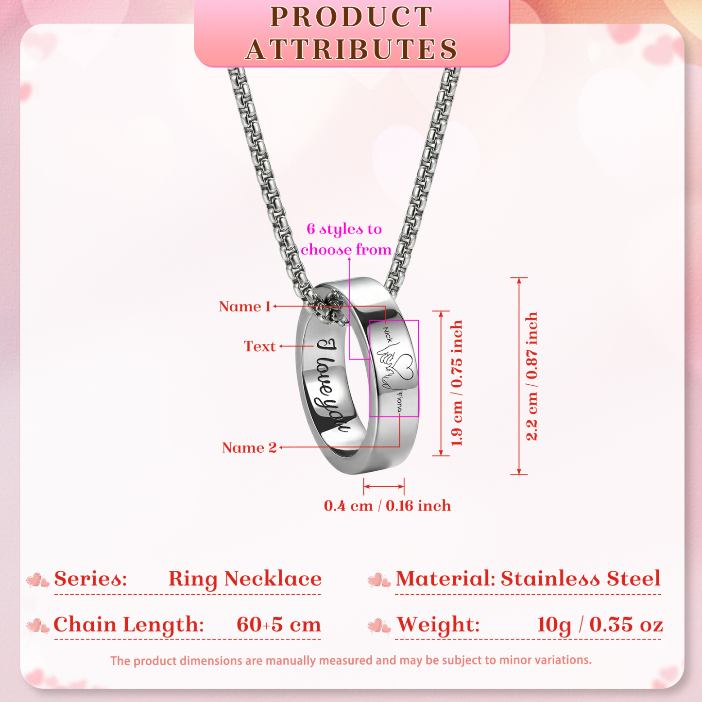 Collier Couple Personnalisé en Acier Inoxydable – Anneaux Gravés avec Prénoms & Texte