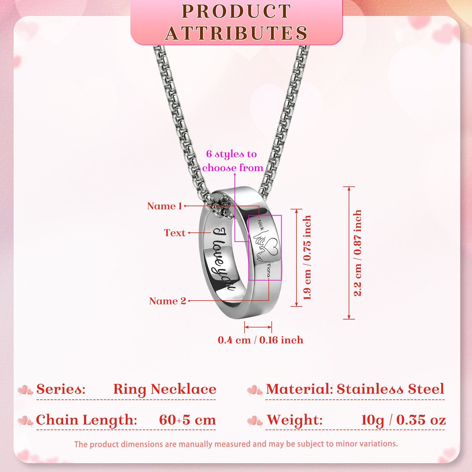 Collier Couple Personnalisé en Acier Inoxydable – Anneaux Gravés avec Prénoms & Texte